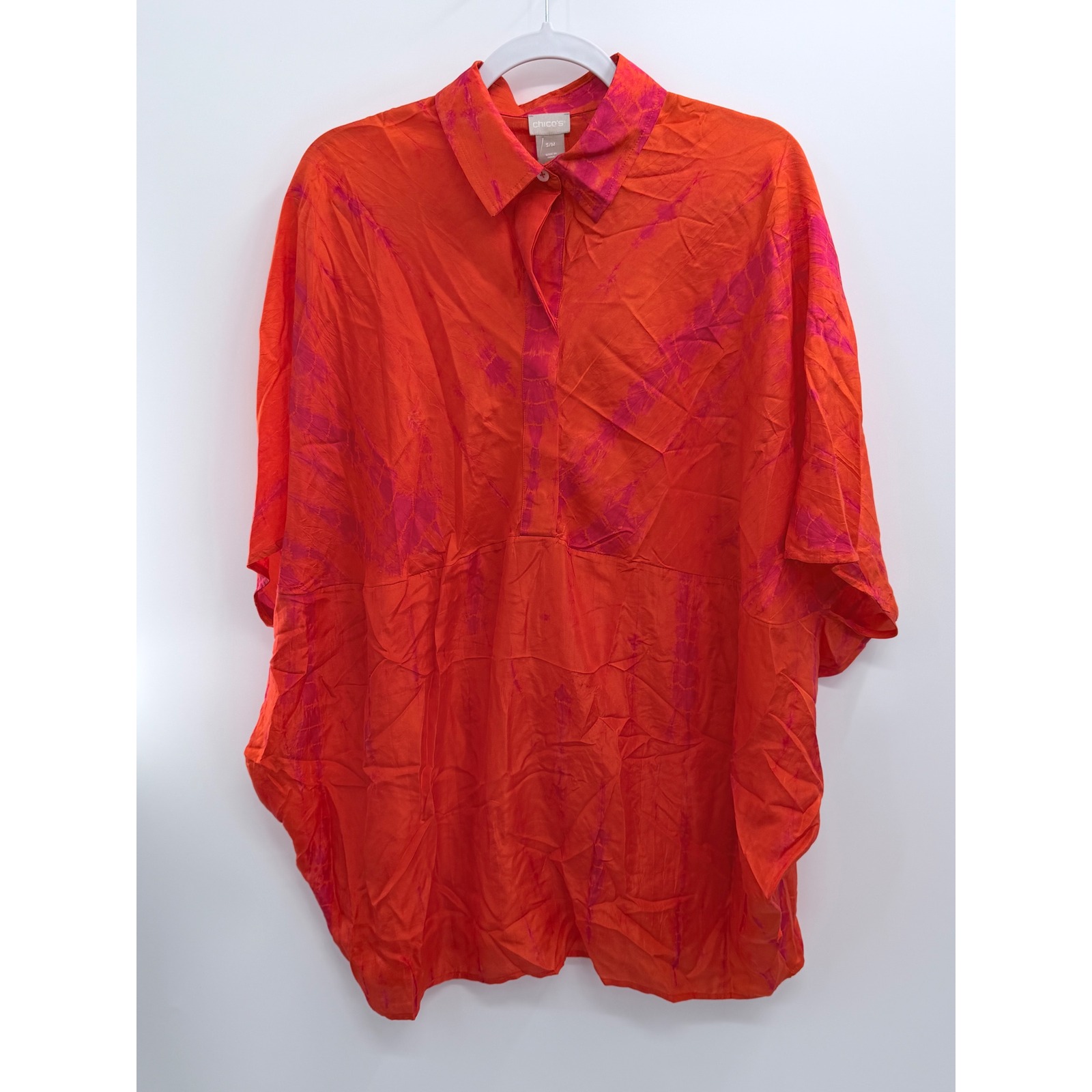 Chicos Oversized Pullover Top Women S/M Pink Orange Silk Tie Dye Envelope Sleeve